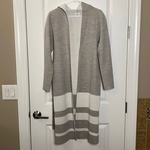Gray long cardigan with hoodie and belt